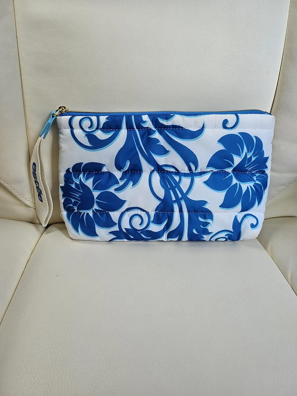 Estee Lauder White Cosmetic Pouch with Blue Floral Print